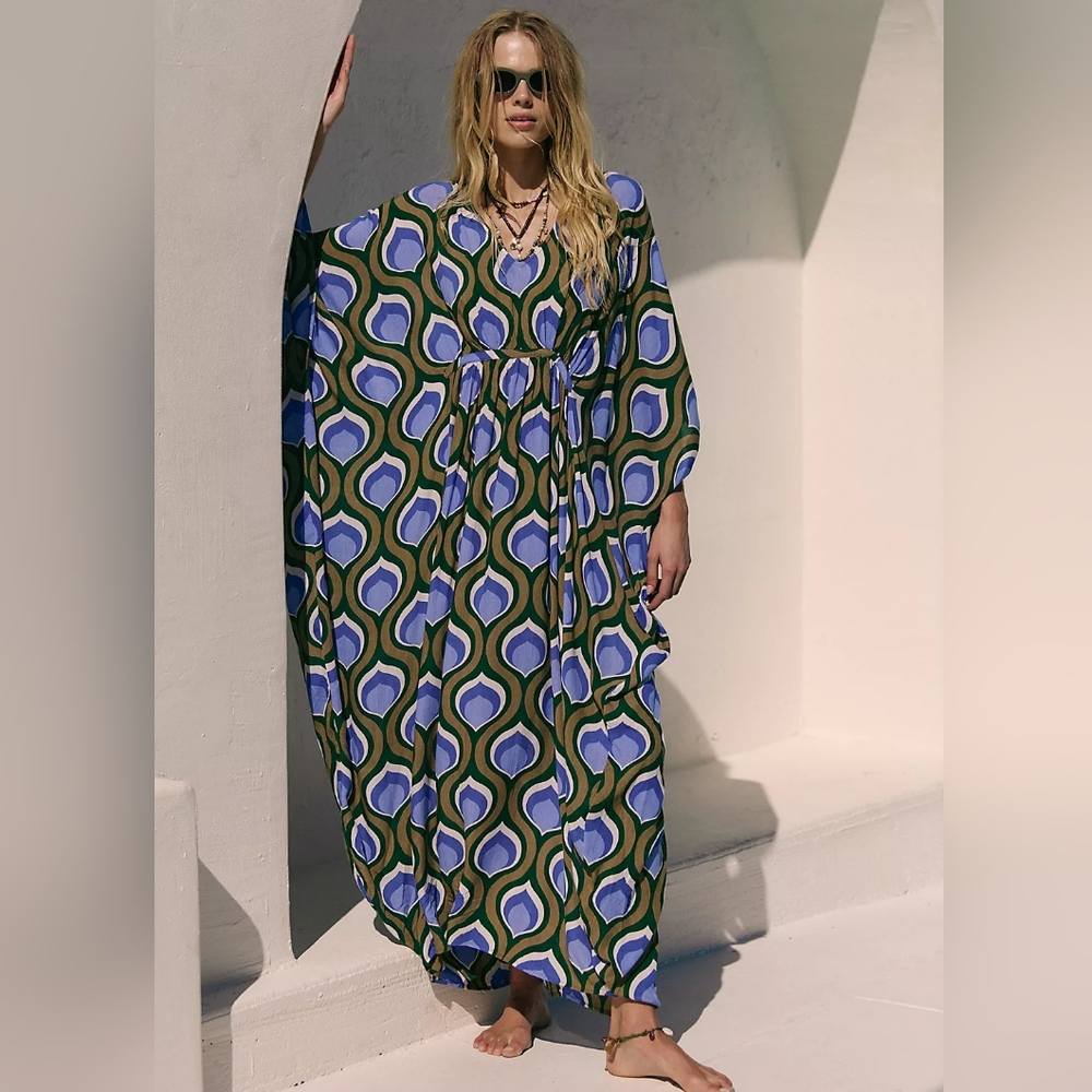 New Free People Groovy Baby Maxi Kaftan Peacock Olive Lavender Dress One Size - Picture 2 of 10